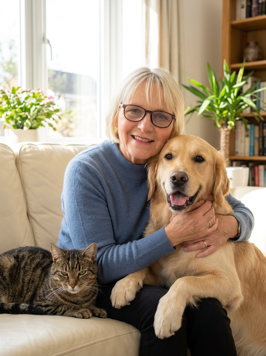 Bournemouth pet sitter Jayne Kruger gently caring for a tabby cat and golden retriever in a sunlit home